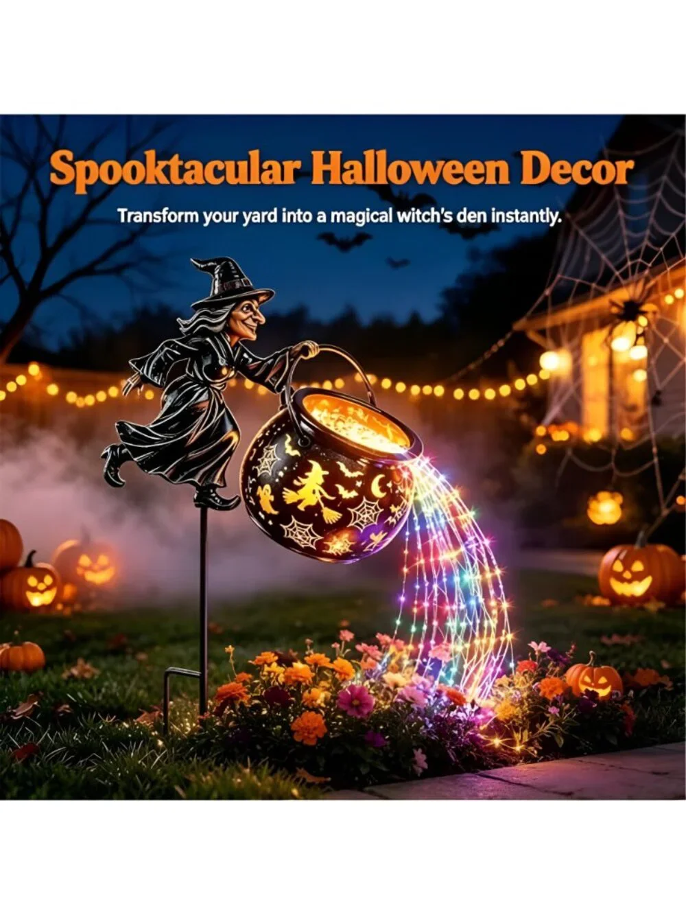 Halloween Witch Cauldron Garden Light,Colorful Waterfall-Style Light Flow